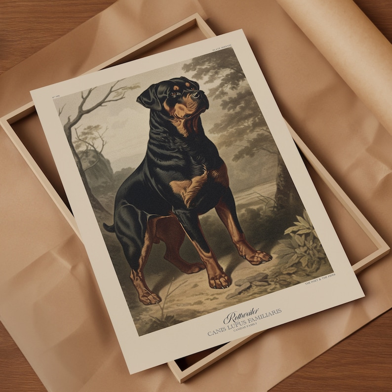 Vintage-inspired art print of a family pet in a natural setting, featuring lush foliage and earthy tones. Displayed on brown wrapping paper and a wooden background, the print exudes a classic, timeless charm, ideal for rustic or cottage-style decor