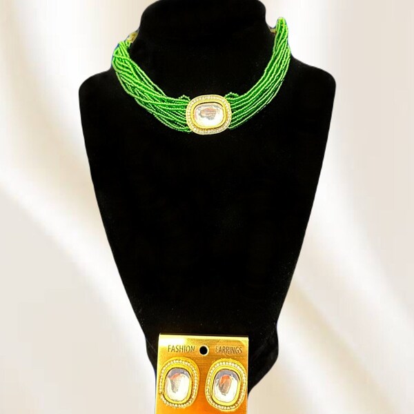 Green Choker Beaded Kundan Necklace & Earrings