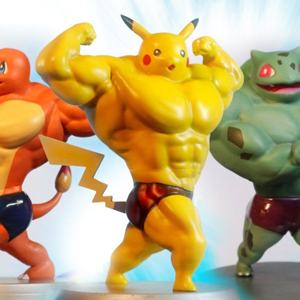 15cm Ultra Swole Bulbasaur Pikachu Charmander Squirtle 3D Printed Pokemon Statue Amiibo Figure Model - 6 Inches - White Ready to Paint