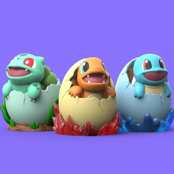 Easter Eggs Bulbasaur Charmander Squirtle Kanto Starters Pokemon 3D Printed Figures Sculpture Statue Display Gift  - White Ready to Paint