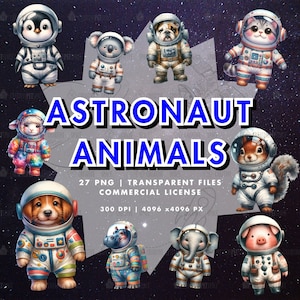 Weltraum Tiere Clipart Set - 27 Astronauten Tiere, 300 DPI, 4096x4096 PNG, Kommerzielle Lizenz, Digitaler Download für Projekte und Kunsthandwerk