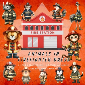 Feuerwehrmann Tiere Clipart Set - 31 transparente PNG-Dateien, digitaler Download, kommerzielle Lizenz enthalten, zum Basteln und Designen