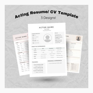 Puede incluir: Tres plantillas de currículum vitae de actor en un esquema de color claro. Los currículums incluyen secciones para datos de contacto, características, experiencia creativa, formación y habilidades. El texto "Acting Resume/ CV Template" está en la parte superior.