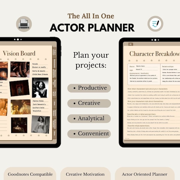 Printable Digital Actor Project Planner| WorkBook | Gifts for Actors| Study Guide| Productivity| Acting journal| Goodnotes| Acting Student