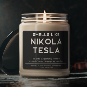 Nikola Tesla Candle Smells Like Nikola Tesla Scented Soy Wax Candle 9oz Candle Gift For Inventor Tesla Coil image 1