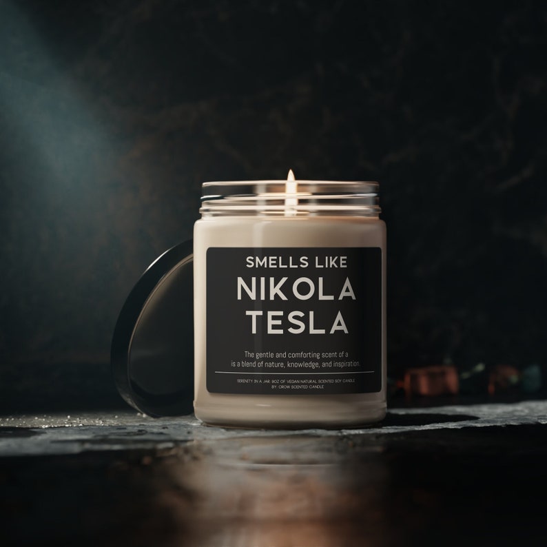 Nikola Tesla Candle Smells Like Nikola Tesla Scented Soy Wax Candle 9oz Candle Gift For Inventor Tesla Coil image 1