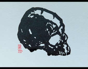 013 A6 Dessin original à l’encre – Silhouette Crâne – Format carte postale (105 mm x 148 mm)