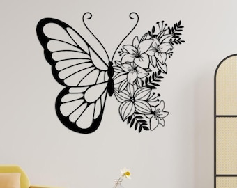 Arte de pared de metal con diseño de mariposas florales: decoración moderna para el hogar (81 x 81 cm)