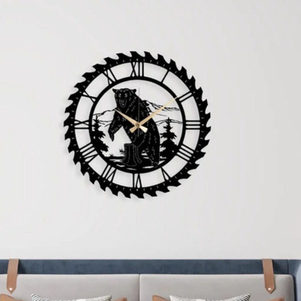 Bear Metal Wall Clock, Metal Bear Wall Clock, Roman Numeral Clock, Bear Metal Clock, Christmas Gift, Modern Wall Clock, Large Wall Clock