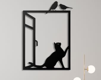 Cat in the Glass Metal Wall Art, Metal Cat Wall Decor, Bird and Cat Wall Decor, Modern Wall Decor, Large Wall Art, Gift for Vet, Her Gift