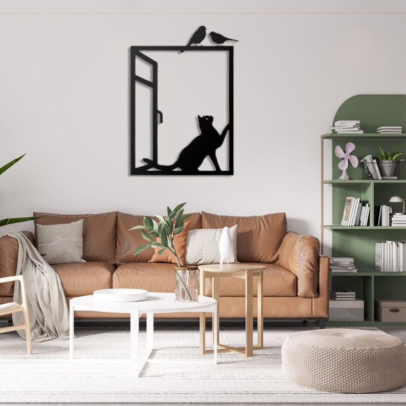 Cat in the Glass Metal Wall Art, Metal Cat Wall Decor, Bird and Cat ...