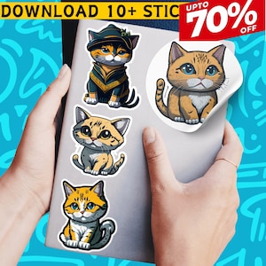 Adorables autocollants de Chat en qualité 300 DPI Parfait pour impression et découpe Inclut 10 designs amusants en fichiers PNG, imprimable