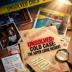 Peut inclure: Une scène de crime avec des documents, des photos et des preuves. Le document central indique "UNSOLVED: COLD CASE: THE ASPEN LODGE INCIDENT." Autres éléments : loupe, stylo et tampons "CONFIDENTIAL".