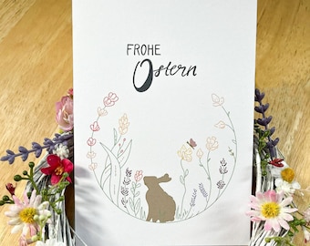 Postkarte Frohe Ostern, Grußkarte mit Osterhase und Blümchen A6, filigranes Design