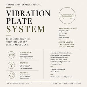 May include: A white informational graphic titled Vibration Plate System by Human Maintenance Systems. It outlines a 10-minute routine for strengthening, balance, and recovery, featuring icons for each and text explaining the benefits of the system.