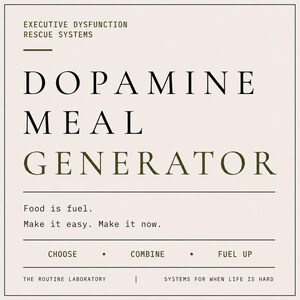 May include: A square graphic print on a light beige background featuring the text: EXECUTIVE DYSFUNCTION RESCUE SYSTEMS, DOPAMINE MEAL GENERATOR, Food is fuel. Make it easy. Make it now. CHOOSE • COMBINE • FUEL UP, THE ROUTINE LABORATORY, SYSTEMS FOR WHEN LIFE IS HARD.