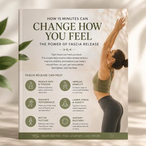 Pode incluir: Uma capa de livro intitulada HOW 15 MINUTES CAN CHANGE HOW YOU FEEL THE POWER OF FASCIA RELEASE. Mostra uma pessoa com top esportivo verde e leggings escuras alongando-se com os braços levantados. O texto lista benefícios como a mobilidade.