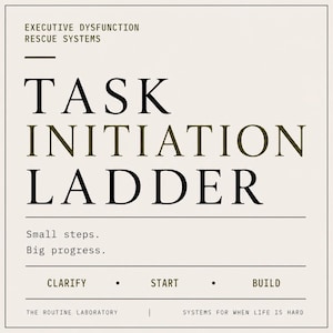 Puede incluir: Una impresión gráfica cuadrada sobre un fondo beige claro con texto oscuro que dice: EXECUTIVE DYSFUNCTION RESCUE SYSTEMS, TASK INITIATION LADDER, Small steps. Big progress. CLARIFY, START, BUILD, THE ROUTINE LABORATORY, SYSTEMS FOR WHEN LIFE IS HARD.