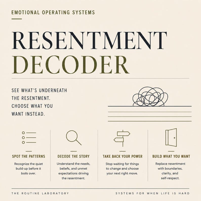 Puede incluir: Una infograf&iacute;a beige titulada Emotional Operating Systems Resentment Decoder. Incluye instrucciones de texto, un icono de garabato y cuatro secciones: Spot the Patterns, Decode the Story, Take Back Your Power y Build What You Want.