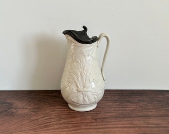 Antique white ironstone pitcher with pewter lid embossed wheat design