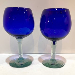 Cobalt Blue Large Wine Goblets Mexican Hand Blown Glass - Vintage Set of 2