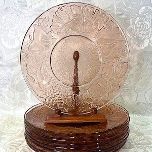 Embossed Pink Glass Dinner Plates - Set of 9 Vintage KIG Indonesia