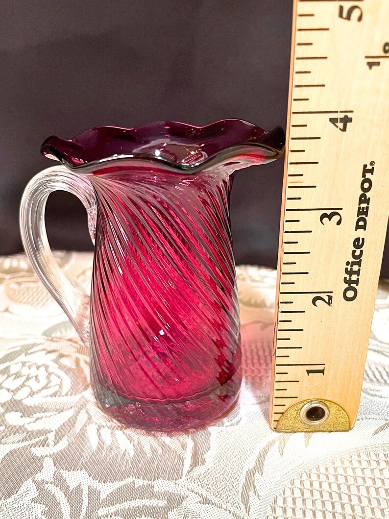 Pilgrim Glass Cranberry Optic Swirl Pitcher – Vintage Hand-blown Mini ...