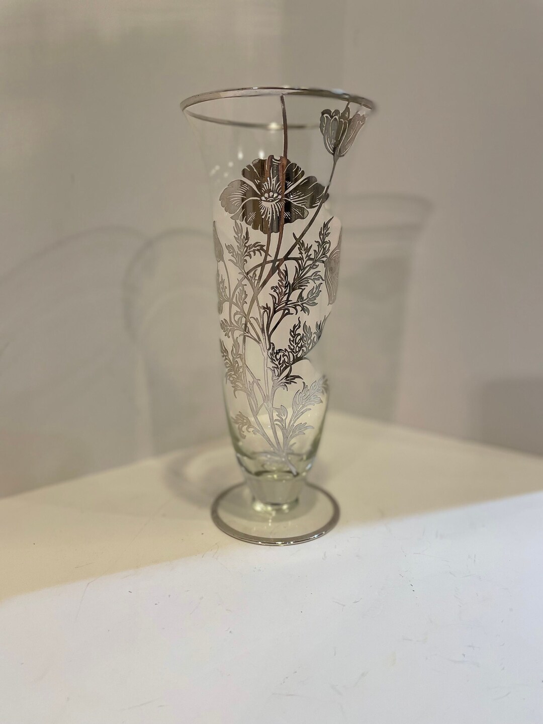 Vintage Tall Vase Silver City Glass flanders Sterling Silver Overlay