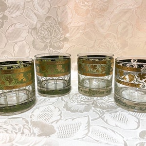 Cera &quot;Golden Grapes&quot; Green Old Fashioned Glasses - Set of 4 - Circa 1960s