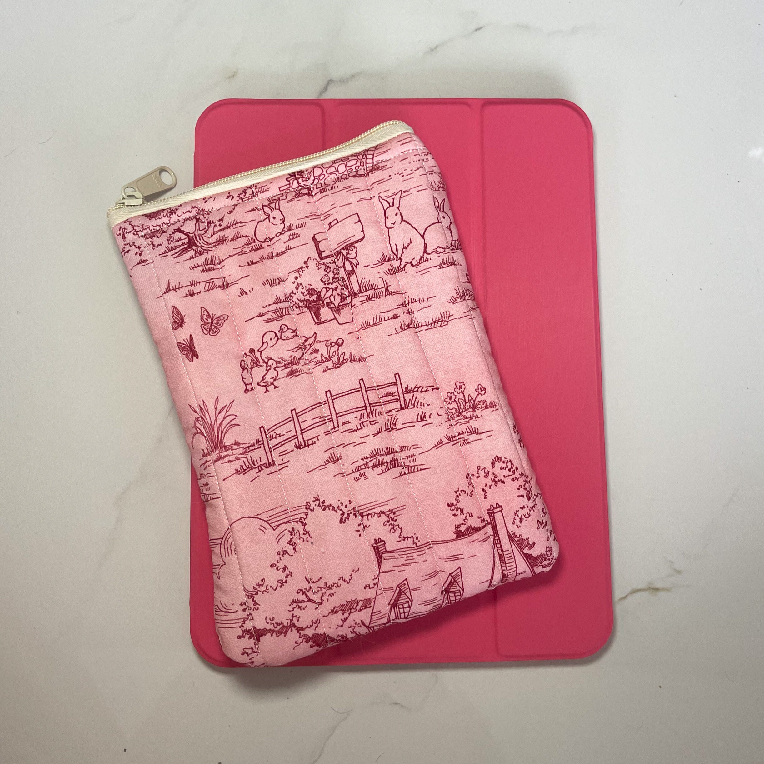 Padded Sleeve for Kindle, Kindle Paperwhite, Ereader Pink Cottagecore Quilted Custom Embroidered