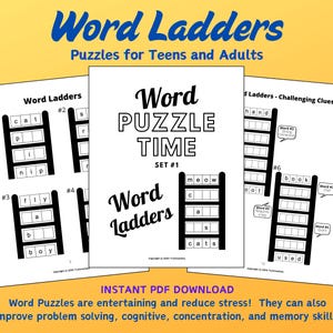 Peut inclure: Un ensemble de puzzles de mots en échelle imprimable pour les adolescents et les adultes. Les puzzles sont en noir et blanc et présentent une variété de mots, tels que "chat", "mouche", "miaou", "main" et "livre". Le titre de l'ensemble est "Word Puzzle Time, Set #1".