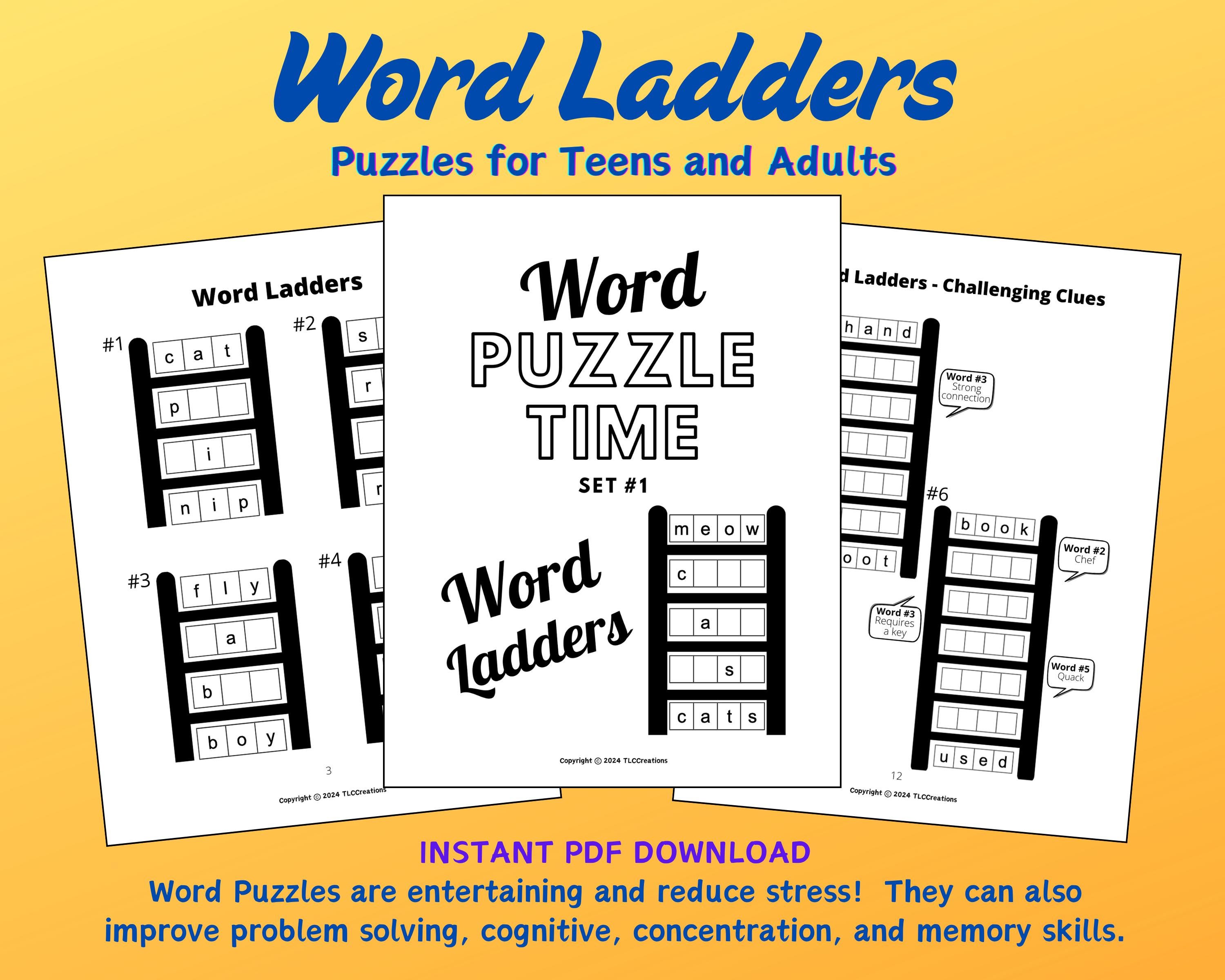Word Games for Adults and Teens, Fun Printable Word Puzzles for Adults to Reduce Stress, Word Ladder Games for Teens and Adults, Instant PDF