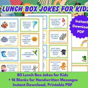 80 Lunch Box Witze für Kinder, Lunch Box Notizen, Lunchbox Karten, Schulrätsel, Druckbare Lunch Box Notizen, + Rohlinge für Persönliche Nachrichten, PDF