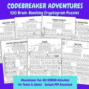 Puede incluir: Una colección de páginas de rompecabezas de criptogramas en blanco y negro tituladas Codebreaker Adventures 100 Brain-Boosting Cryptogram Puzzles. Cada página presenta ilustraciones temáticas, incluyendo gatos, perros, fútbol y espacio, con casillas numeradas.