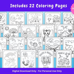 May include: A set of 22 black and white coloring pages featuring various illustrations, including a castle, a dinosaur, a unicorn, a mermaid, a penguin, a tiger, a hot air balloon, a spaceship, a fairy, a volcano, and a turtle. The text "Includes 22 Coloring Pages" and "Instant Download PDF" is visible at the top of the image. The text "Digital Download Only - For Personal Use Only" is visible at the bottom of the image.