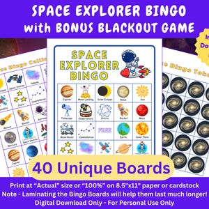 Bingo del Explorador Espacial, JUEGO BONUS BLACKOUT, Bingo del Sistema Solar, Bingo Astronómico, 40 Cartones Imprimibles de Bingo Espacial, Bingo del Espacio Exterior, 31 símbolos