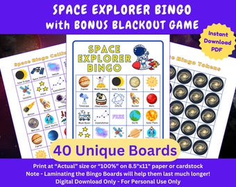 Space Explorer Bingo, BONUS BLACKOUT GAME, Solar System Bingo, Astronomy Bingo, 40 Printable Space Bingo Cards, Outer Space Bingo,31 symbols