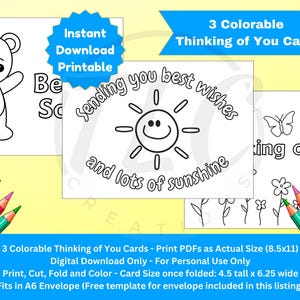 3 biglietti da colorare stampabili Thinking of You, biglietti di auguri, Thinking of You, Guarisci presto, regalo fai da te, stampa, ritaglia, colora, download digitale