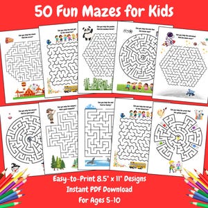 May include: A set of 50 printable maze activity sheets for kids. The mazes are designed for ages 5-10 and are easy to print on 8.5 x 11 inch paper. The mazes feature various themes, including a panda, a school bus, a soccer ball, a rocket, a wizard, a camper, a whale, a paintbrush, and an artist.