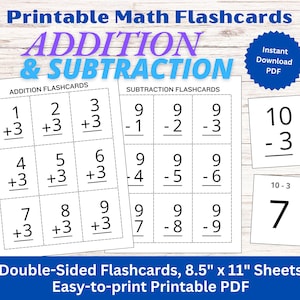 Math Flashcard Bundle,  Addition Flashcards, Subtraction Flashcards, Addition Math Facts, Subtraction Math Facts, Math Practice, Printable