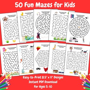 May include: A set of 50 printable maze activity sheets for kids. The mazes are black and white and feature various themes, such as a monkey, a duck, a magician, a sheep, a mailman, a butterfly, a diver, a superhero, a train, and a chef. The text on the page reads "50 Fun Mazes for Kids", "Easy-to-Print 8.5" x 11" Designs", "Instant PDF Download", and "For Ages 5-10".