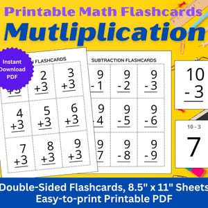 May include: Printable math flashcards for multiplication and subtraction. The flashcards are white with black text, featuring math problems. The image includes the text "Instant Download PDF" and "Double-Sided Flashcards, 8.5" x 11" Sheets Easy-to-print Printable PDF."