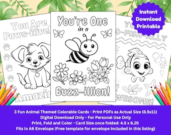Funny Animal Coloring Cards: DIY Kids' Greeting Cards (PDF Download, 4.5x6.25") | Kids Craft | Colorable card | Instant Download