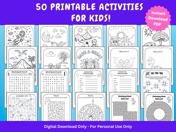 Kids Activity Bundle: 50 Printable Games, Mazes, Coloring, I Spy, Word Search, Dot-to-Dot, and more!  Instant Download