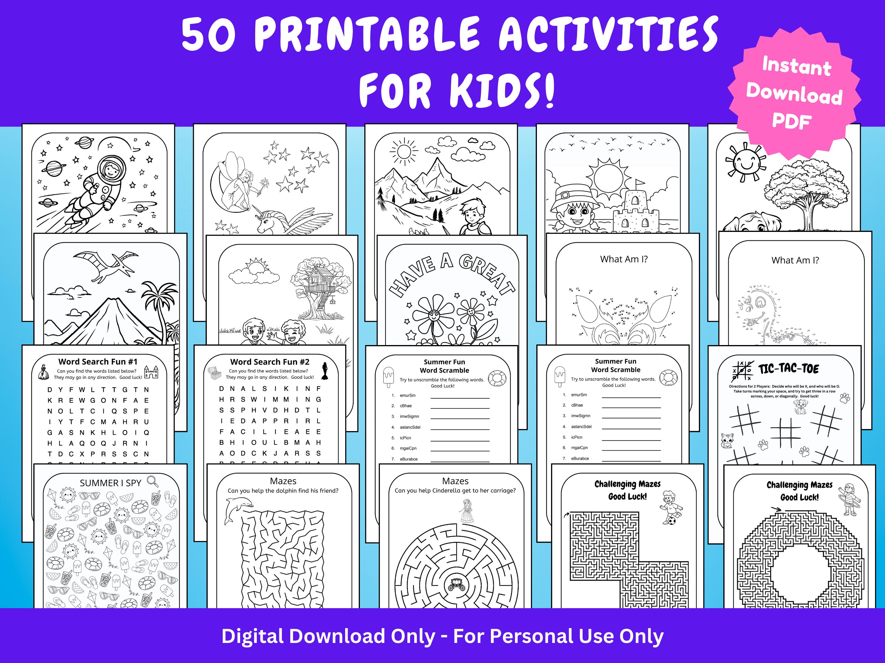 Kids Activity Bundle: 50 Printable Games, Mazes, Coloring, I Spy, Word ...