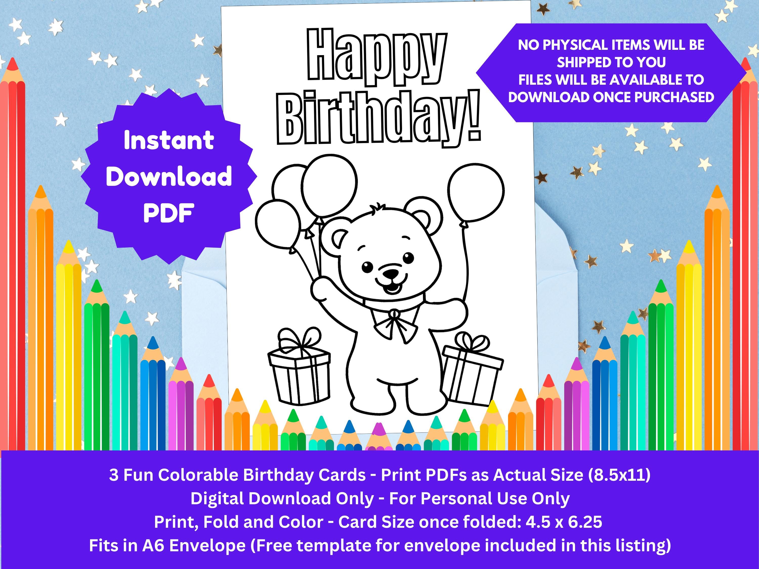 3 PRINTABLE Happy Birthday Coloring Cards, Happy Birthday Card for Kids ...