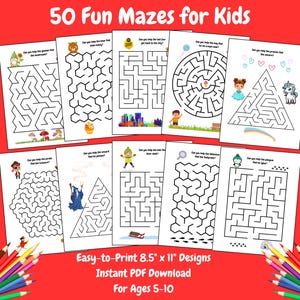 May include: A set of 50 printable maze activity sheets for kids. The mazes are designed for ages 5-10 and feature various themes, including a gnome, a bear, a taxi, a princess, a unicorn, a pirate, a wizard, a detective, and a penguin. The mazes are easy to print and are 8.5 inches by 11 inches in size.