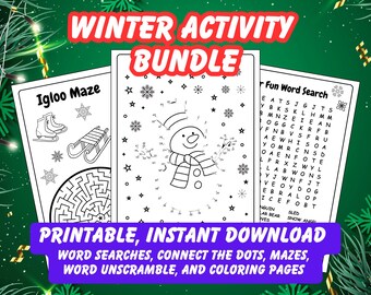 Kids Winter Activity Pages Bundle, Winter fun worksheets for students, Word Search, Maze, I Spy, Coloring - Printable, Instant Download PDF