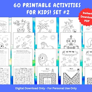 Op de afbeelding: Een set van 60 printbare activiteiten voor kinderen, met zwart-wit illustraties van verschillende thema's, waaronder woordzoekers, tic-tac-toe, ik zie wat jij niet ziet en doolhoven. De titel "60 Printable Activities for Kids! Set #2" staat bovenaan de afbeelding. De tekst "Instant Download PDF" staat in een rode cirkel rechtsboven in de afbeelding.