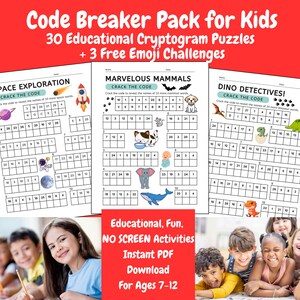 Pode incluir: Um pacote de quebra-cabeças de criptogramas educativos para crianças, com temas espaciais, mamíferos e dinossauros. O pacote inclui 30 quebra-cabeças e 3 desafios de emoji. O texto na imagem diz "Educacional, Divertido, SEM ATIVIDADES DE TELA, Download Instantâneo em PDF Para Idades 7-12."